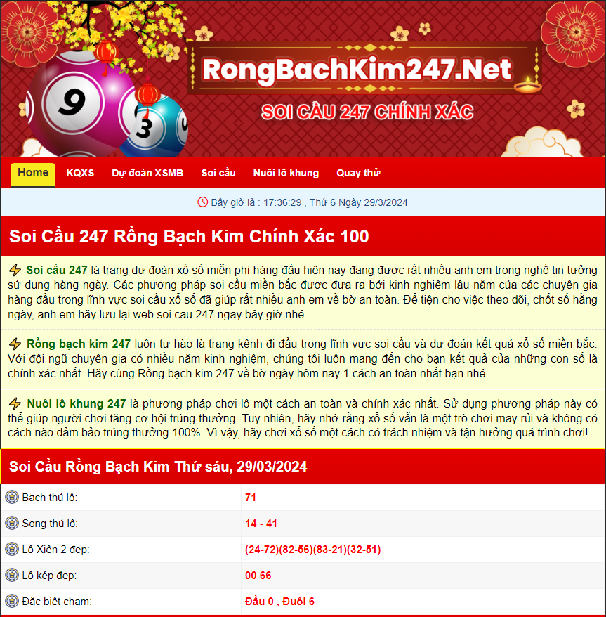 Giao diện website chính thức của Rồng Bạch Kim 247